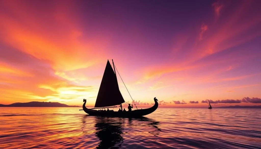Sunset over a traditional Micronesian outrigger canoe sailing on calm waters