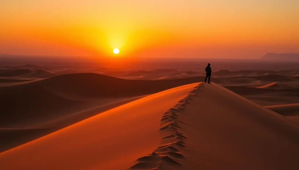 Sunset over sand dunes in the Mauritanian Sahara with silhouette of traveler Sunset over sand dunes in the Mauritanian Sahara with silhouette of traveler
