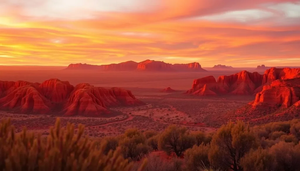 Sunset over the Gawler Ranges landscape with golden light illuminating the red hills and rock formations
