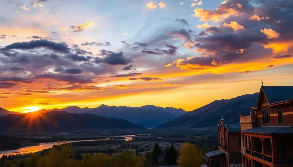 Sunset over the Methow Valley near Winthrop with mountains, rivers, and western town buildings in golden light
