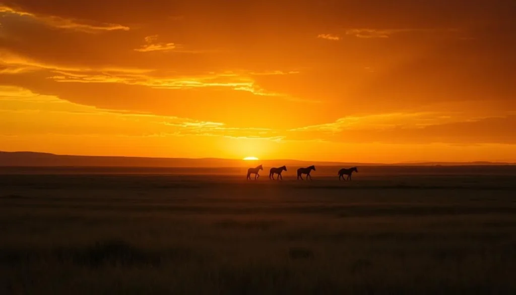 Sunset over the Mongolian steppe with silhouettes of horses, inspiring Mongolia Best Things to Do