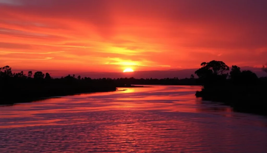 Sunset over the Murray River in the Murraylands Region South Australia with silhouettes of river red gums