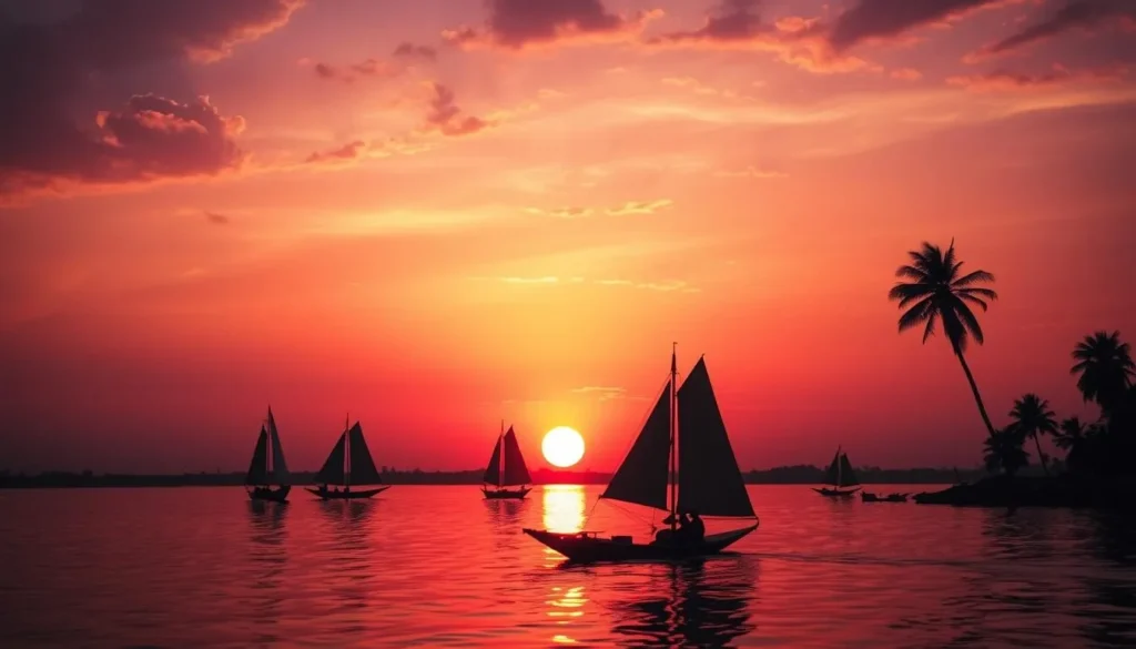 Sunset over the Nile River in Sudan with traditional boats silhouetted against the orange sky