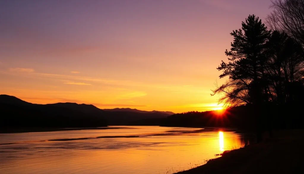 Sunset over the Ottauquechee River in Woodstock Vermont with golden light on water