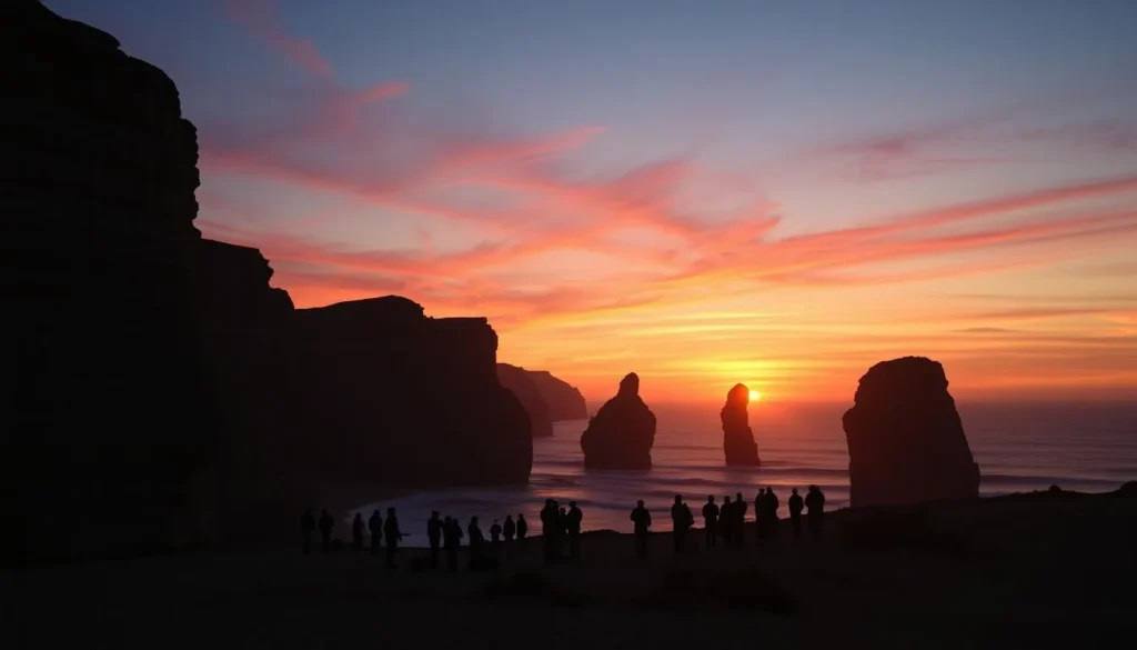 Sunset over the Twelve Apostles with visitors enjoying the view from the lookout