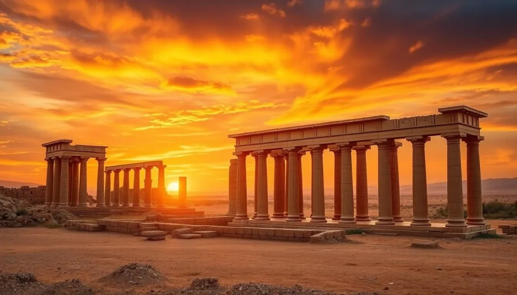 Sunset over the ancient ruins of Palmyra in the Syrian desert Sunset over the ancient ruins of Palmyra in the Syrian desert