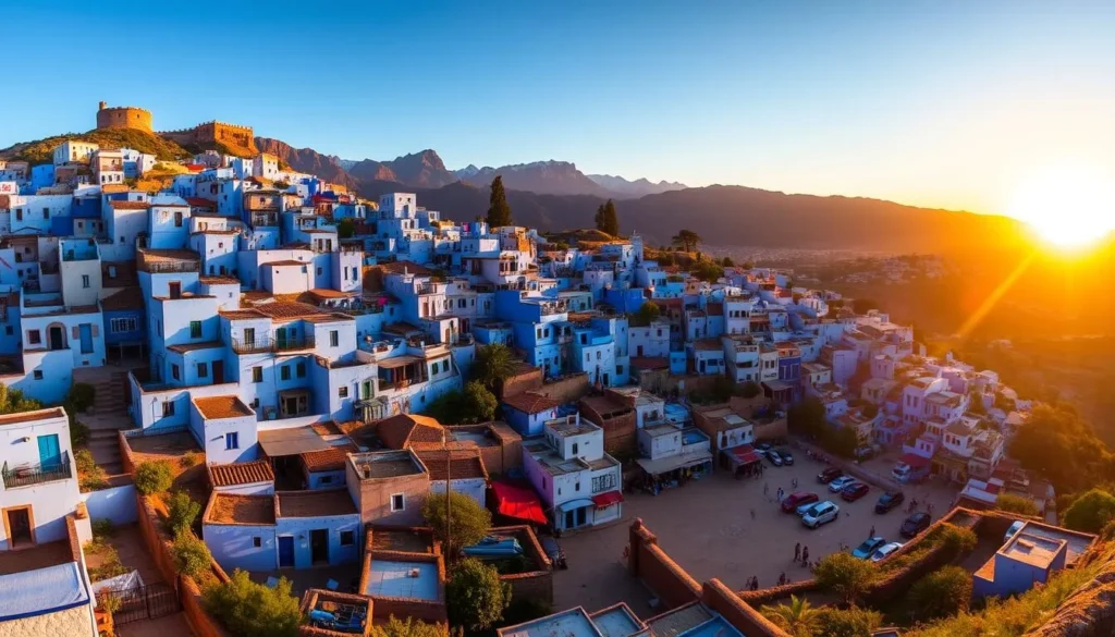 Sunset over the blue city of Chefchaouen with its distinctive blue buildings nestled in the Rif Mountains, one of Morocco's best destinations