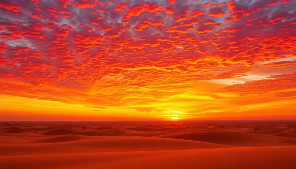 Sunset over the desert landscape of Western Sahara with beautiful orange and red sky Sunset over the desert landscape of Western Sahara with beautiful orange and red sky