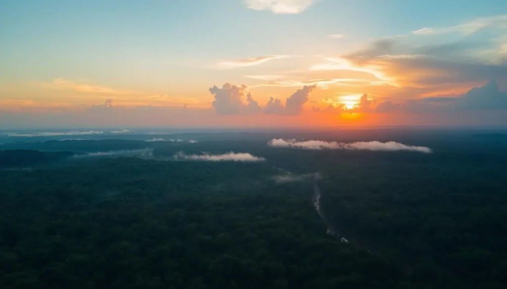 Sunset over the rainforest canopy in French Guiana with mist rising from the trees Sunset over the rainforest canopy in French Guiana with mist rising from the trees