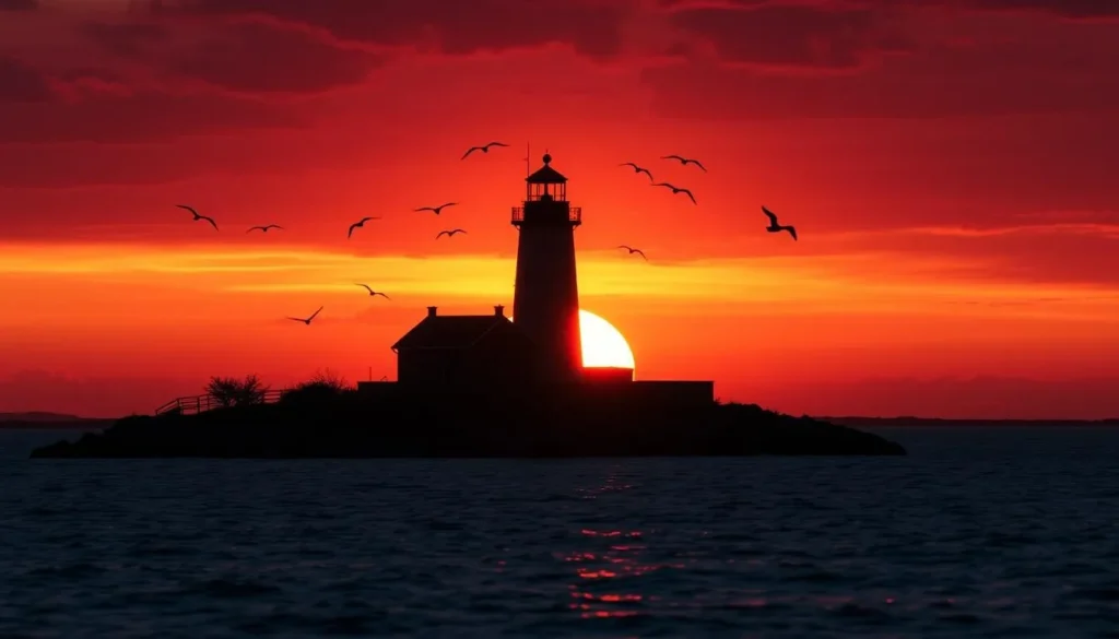 Sunset silhouette of Morris Island Lighthouse with birds flying around Sunset silhouette of Morris Island Lighthouse with birds flying around