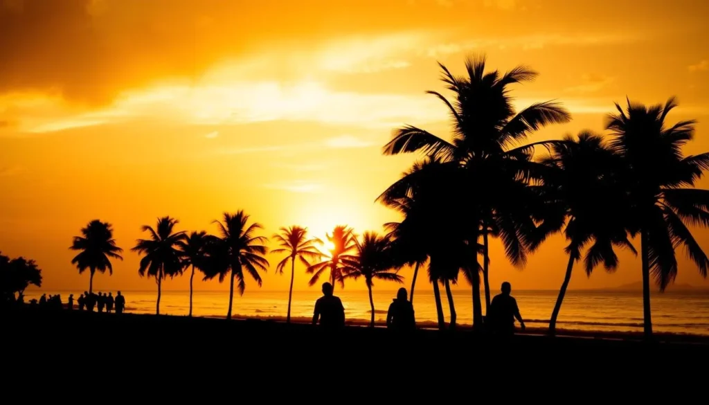 Sunset silhouette of travelers walking along a Sierra Leone beach with palm trees and golden light reflecting on the water Sunset silhouette of travelers walking along a Sierra Leone beach with palm trees and golden light reflecting on the water