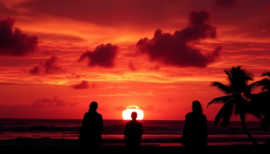 Sunset silhouette of travelers watching the sun set over a Nicaraguan beach