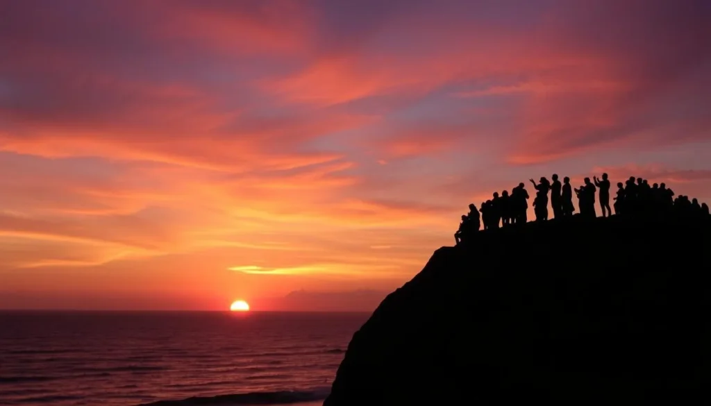 Sunset view at Arpoador Rock with people gathering to watch and applaud the sunset