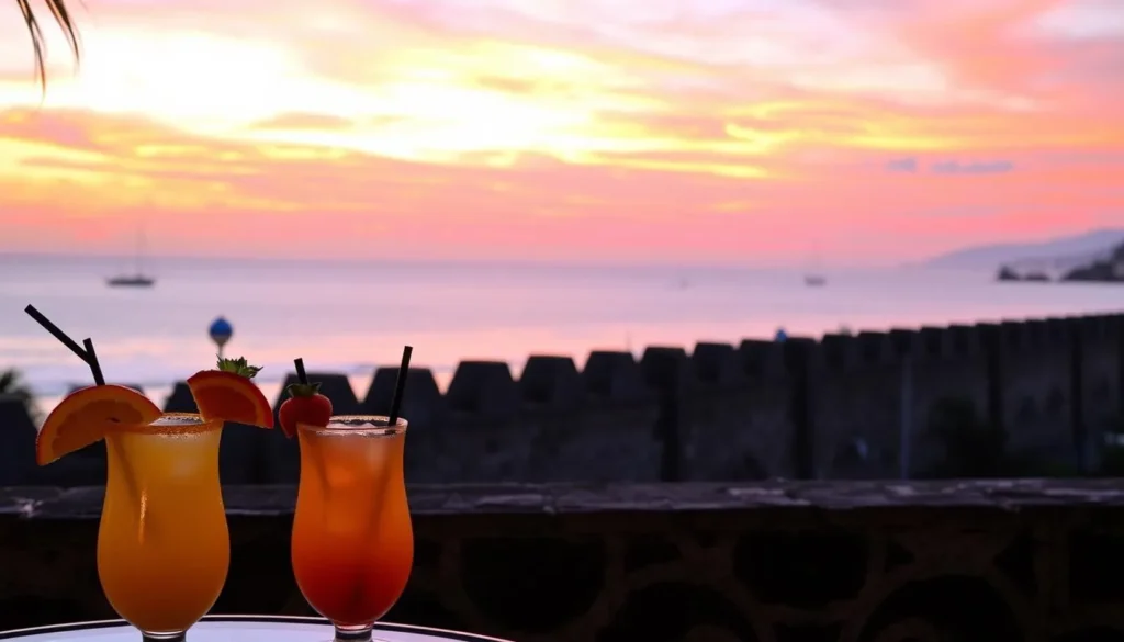 Sunset view from Café del Mar on Cartagena's city walls with cocktails in foreground Sunset view from Café del Mar on Cartagena's city walls with cocktails in foreground