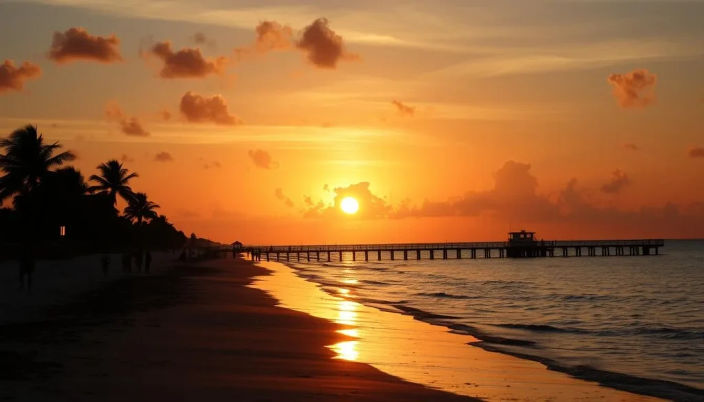 Sunset view from Cedar Key City Beach with silhouettes of palm trees and people walking along the shore