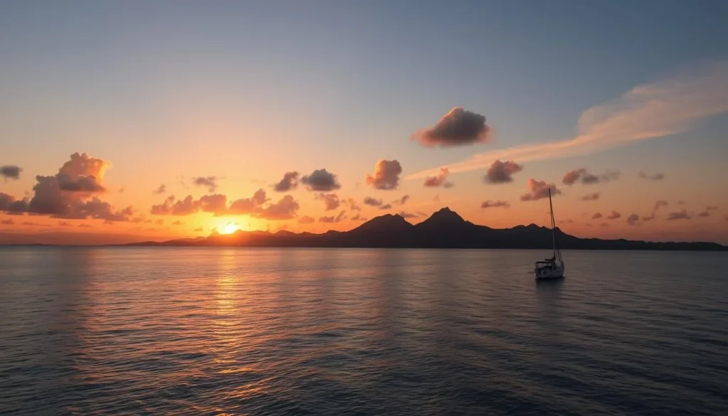 Sunset view from a boat in Mauritius with silhouettes of mountains in the background