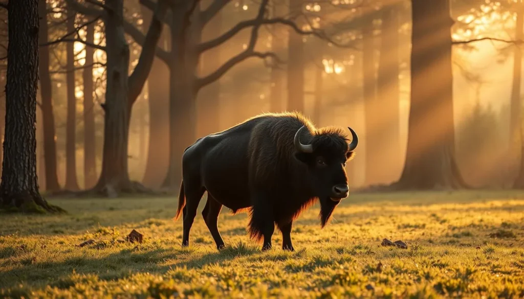 Sunset view of Białowieża Forest with European bison grazing in a clearing