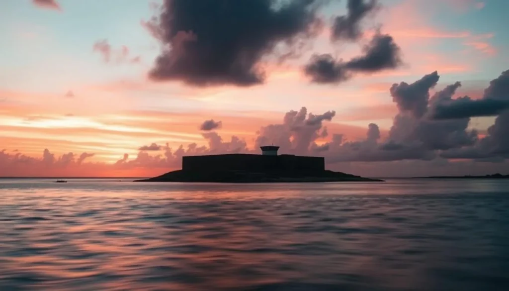 Sunset view of Fort Jefferson in Dry Tortugas National Park with orange and pink sky