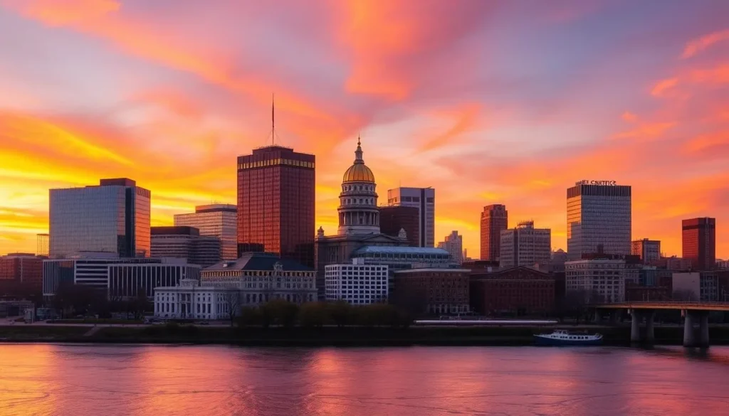 Sunset view of Hartford Connecticut skyline with Connecticut River