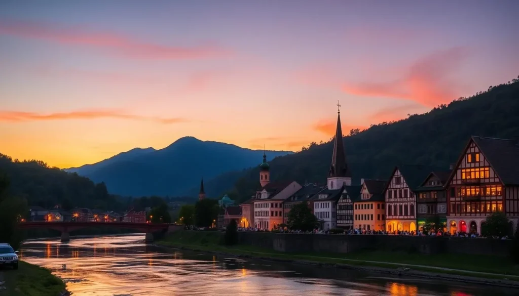 Sunset view of Helen Georgia with Bavarian buildings illuminated against mountain backdrop