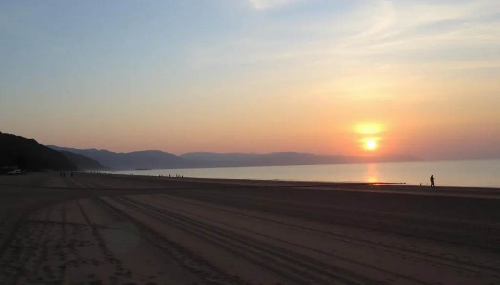 Sunset view of Llandudno's West Shore Beach with Snowdonia mountains visible in the distance Sunset view of Llandudno's West Shore Beach with Snowdonia mountains visible in the distance