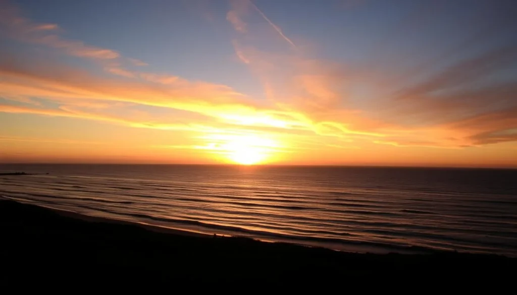 Sunset view of Montauk coastline with golden light reflecting on the water