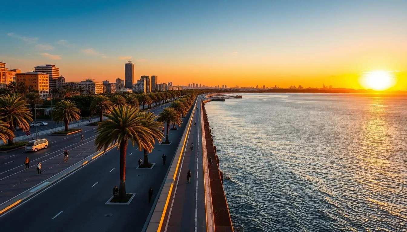 Sunset view of Montevideo's Rambla with palm trees and the coastline showing Uruguay best things to do