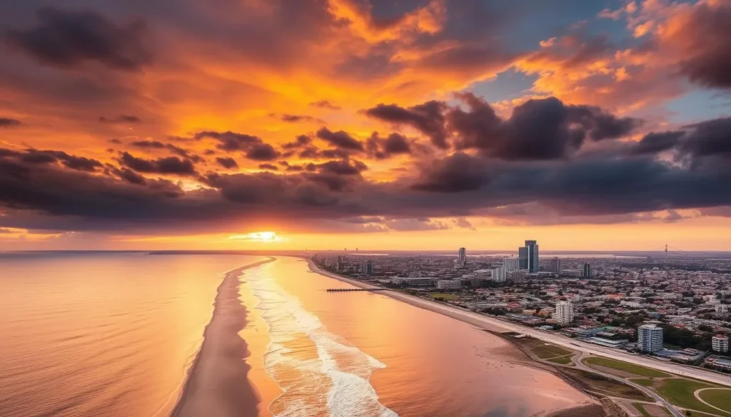 Sunset view of Newcastle coastline with beaches, ocean baths and city skyline