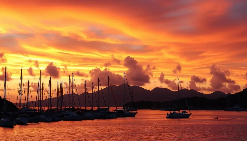 Sunset view of Road Town harbor with sailboats silhouetted against an orange and purple sky Sunset view of Road Town harbor with sailboats silhouetted against an orange and purple sky
