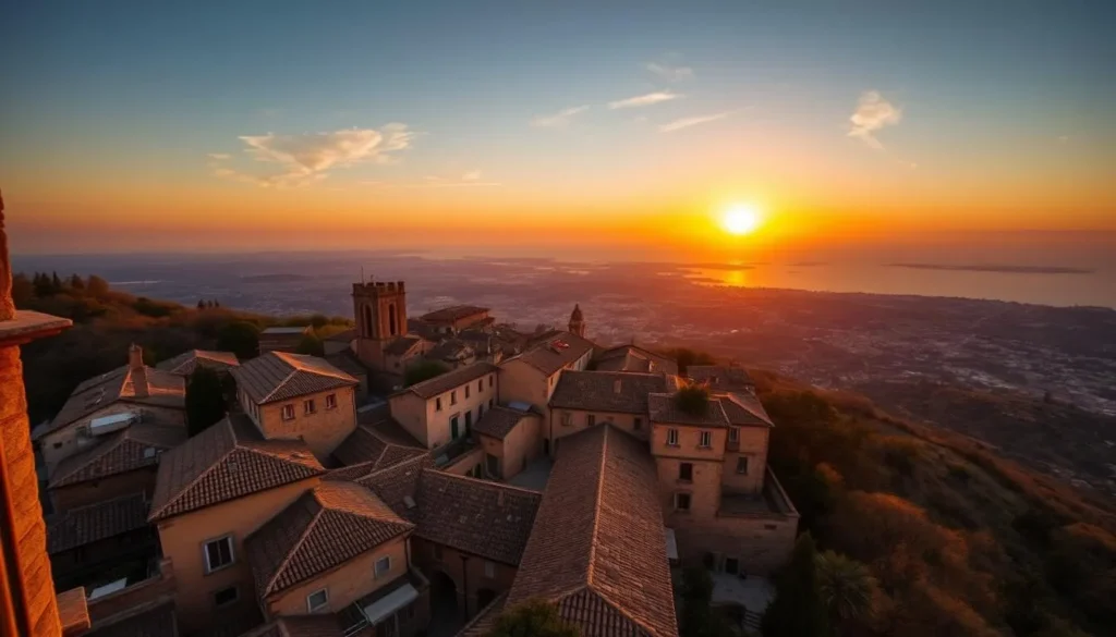 Sunset view of San Marino with hotel balconies overlooking the countryside Sunset view of San Marino with hotel balconies overlooking the countryside