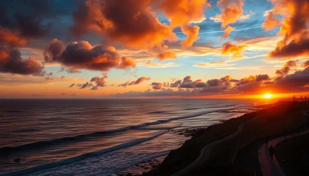 Sunset view of Santa Cruz coastline from West Cliff Drive Sunset view of Santa Cruz coastline from West Cliff Drive