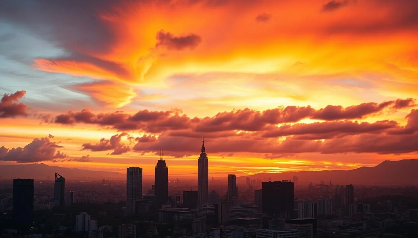 Sunset view of São Paulo skyline with dramatic orange and purple sky, showing the beauty of this concrete metropolis