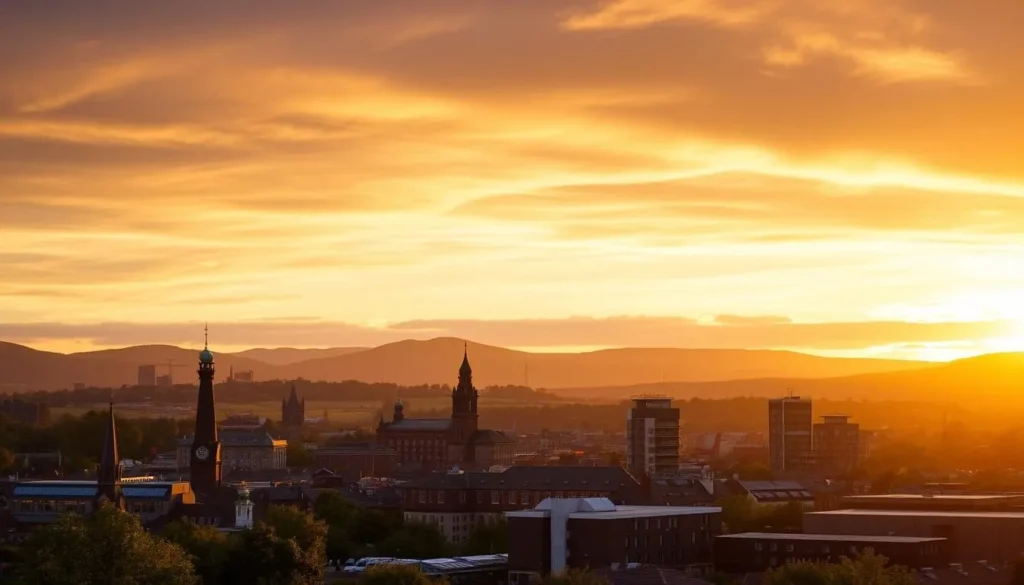 Sunset view of Sheffield skyline with the Peak District hills in the background