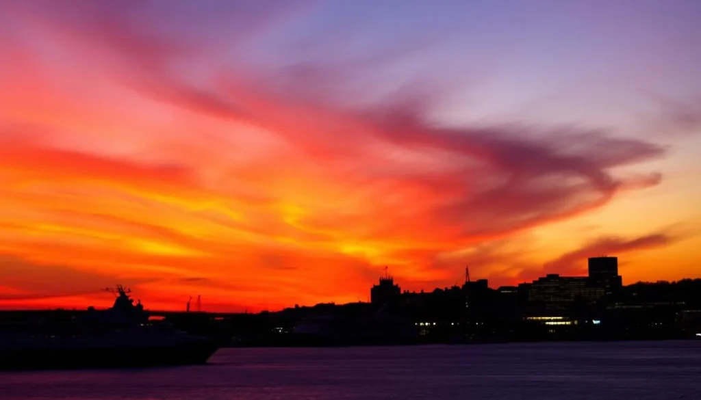 Sunset view of Southampton waterfront with ships and historic buildings Sunset view of Southampton waterfront with ships and historic buildings