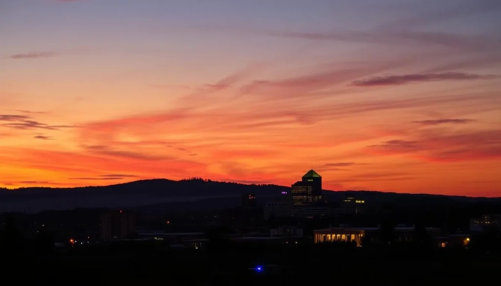 Sunset view of Spartanburg skyline with city lights beginning to illuminate