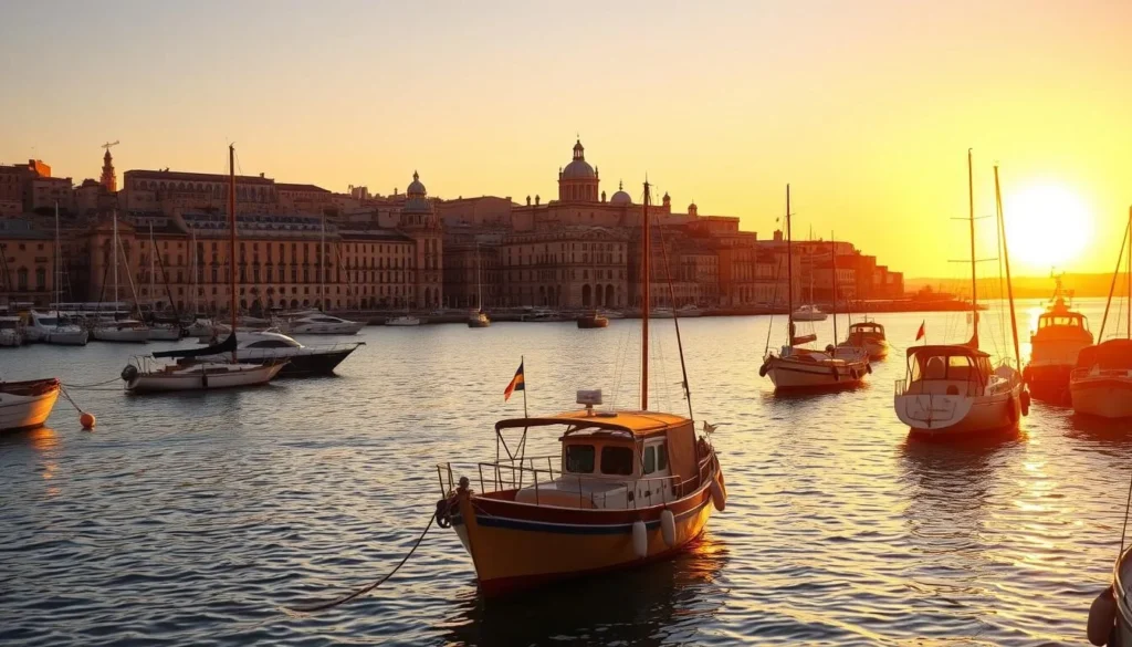 Sunset view of Valletta harbor with traditional boats and the city's historic buildings glowing in golden light Sunset view of Valletta harbor with traditional boats and the city's historic buildings glowing in golden light