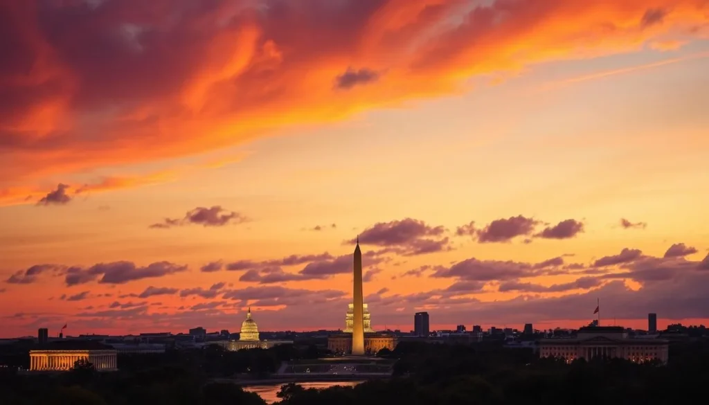 Sunset view of Washington DC skyline with monuments illuminated against an orange and purple sky