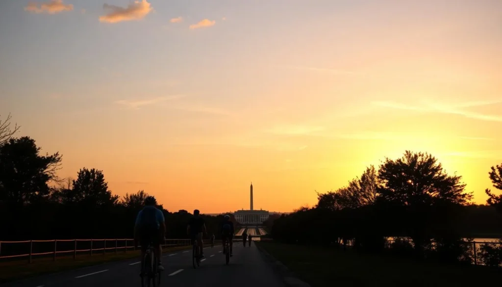 Sunset view of cyclists on a Washington DC trail with monuments in the distance Sunset view of cyclists on a Washington DC trail with monuments in the distance
