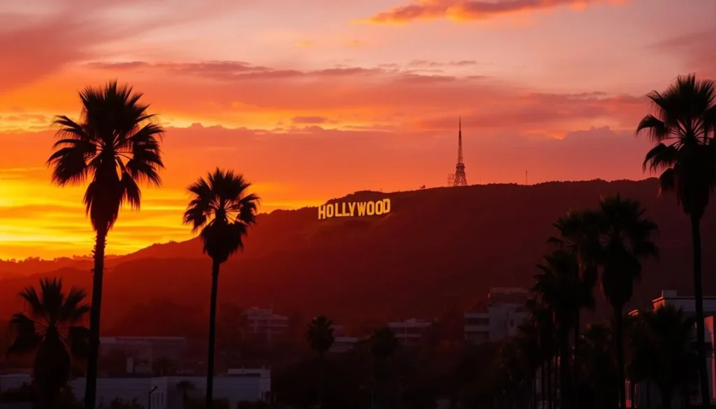 Sunset view of the Hollywood skyline with palm trees and the Hollywood Sign illuminated in golden light Sunset view of the Hollywood skyline with palm trees and the Hollywood Sign illuminated in golden light