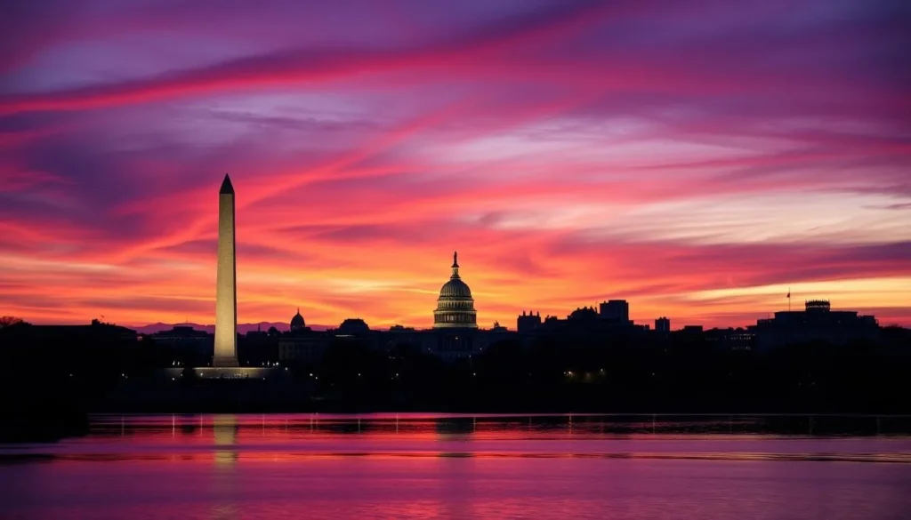 Sunset view of the Washington DC skyline with monuments illuminated against a colorful sky Sunset view of the Washington DC skyline with monuments illuminated against a colorful sky