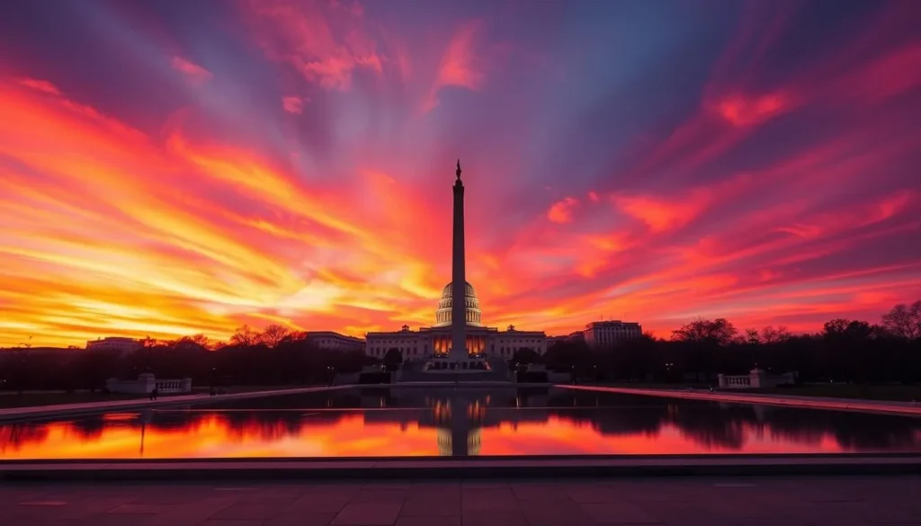 Sunset view of the Washington Monument and Capitol Building illuminated against a colorful sky