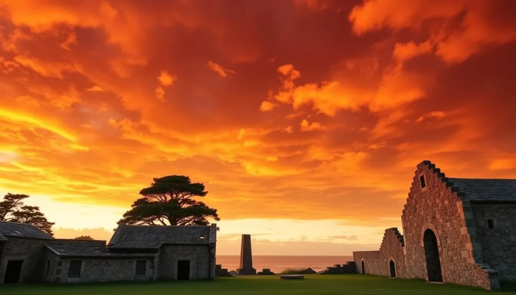 Sunset view of the historic Kingston settlement with convict-era buildings and ruins against a dramatic orange sky, part of the UNESCO World Heritage site on Norfolk Island Sunset view of the historic Kingston settlement with convict-era buildings and ruins against a dramatic orange sky, part of the UNESCO World Heritage site on Norfolk Island
