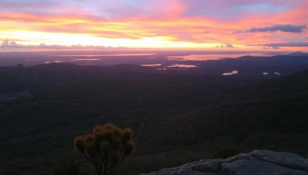 Sunset view over Garigal National Park from a lookout showing golden light on the bushland Sunset view over Garigal National Park from a lookout showing golden light on the bushland
