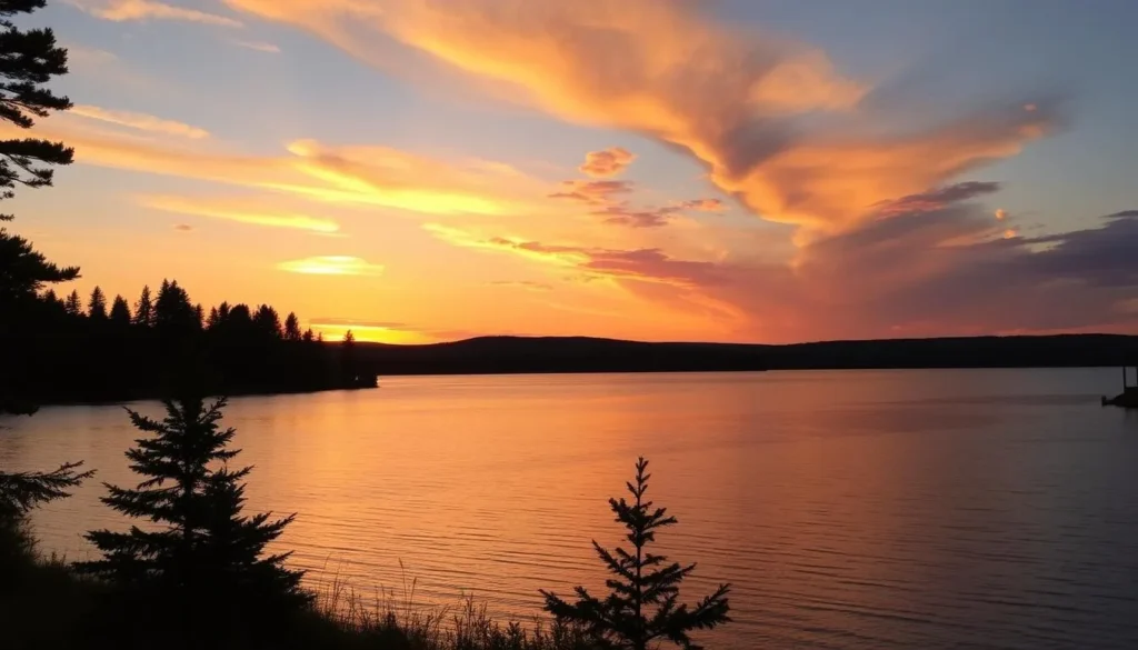 Sunset view over Lake Auburn with silhouettes of trees and peaceful water reflections Sunset view over Lake Auburn with silhouettes of trees and peaceful water reflections