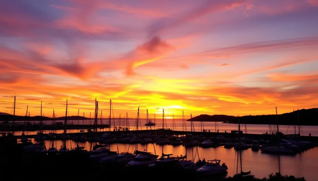 Sunset view over Nelson Bay marina with boats silhouetted against an orange and purple sky Sunset view over Nelson Bay marina with boats silhouetted against an orange and purple sky