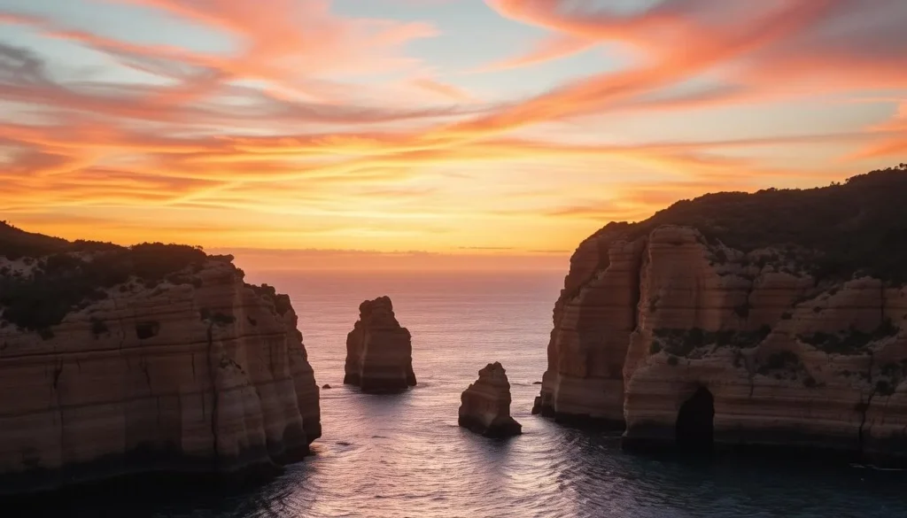 Sunset view over Port Campbell National Park with golden light illuminating the coastal cliffs