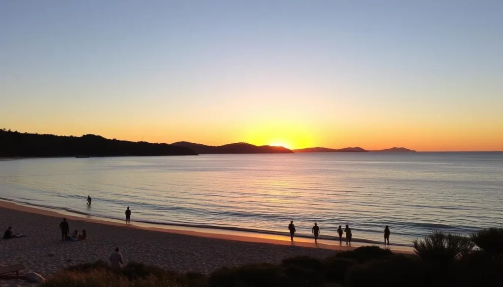 Sunset view over Shoal Bay in Port Stephens with people enjoying the beach during summer