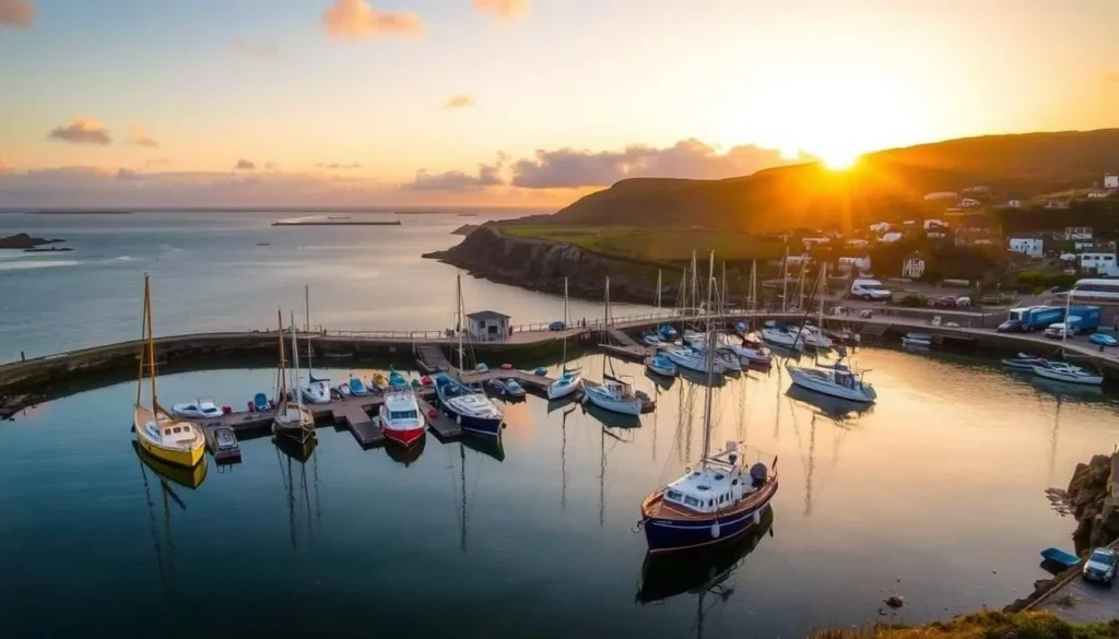 Sunset view over St. Mary's harbor in the Isles of Scilly with boats moored in the bay Sunset view over St. Mary's harbor in the Isles of Scilly with boats moored in the bay