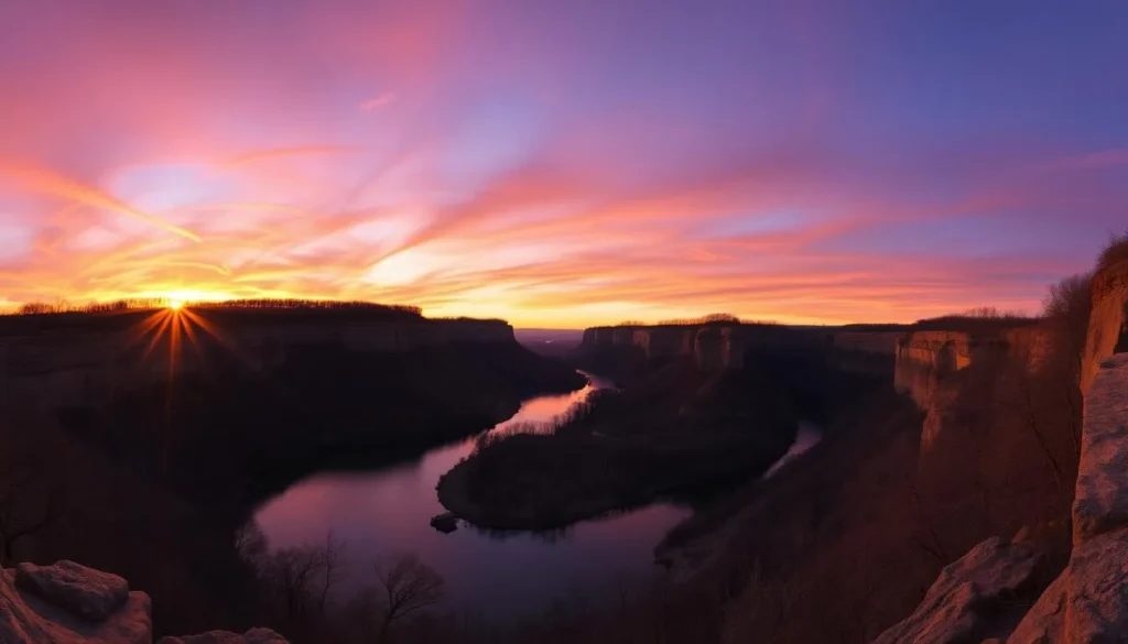 Sunset view over Starved Rock State Park with golden light illuminating the Illinois River and surrounding bluffs