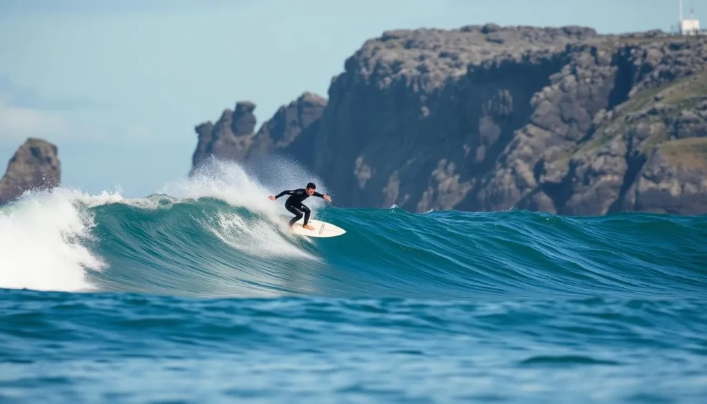 Surfer riding a wave at Dalmore Beach on the Isle of Lewis with cliffs in background